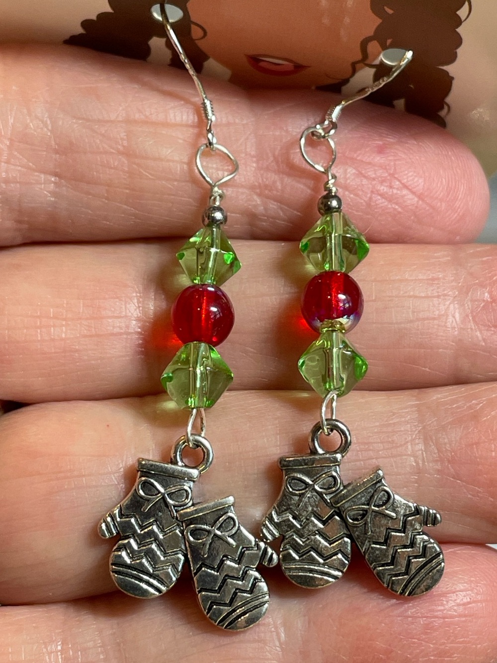 Handmade Holiday Red&Green Beaded Dangle Earrings with Silver Tone Mitten Charm